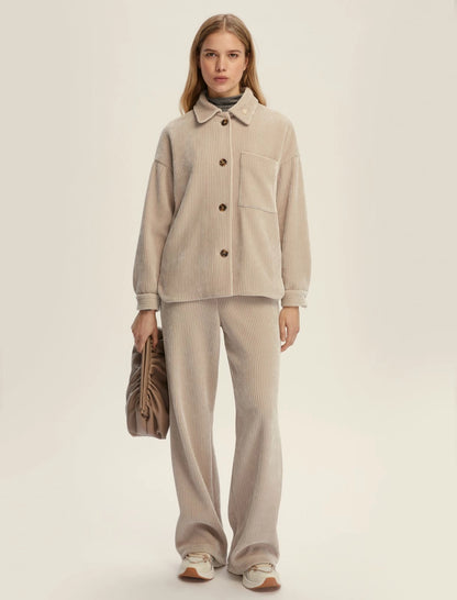 Γυναικείo Oversized ζέρσεϊ κοτλέ πουκάμισο - ΕΚΡΟΥ