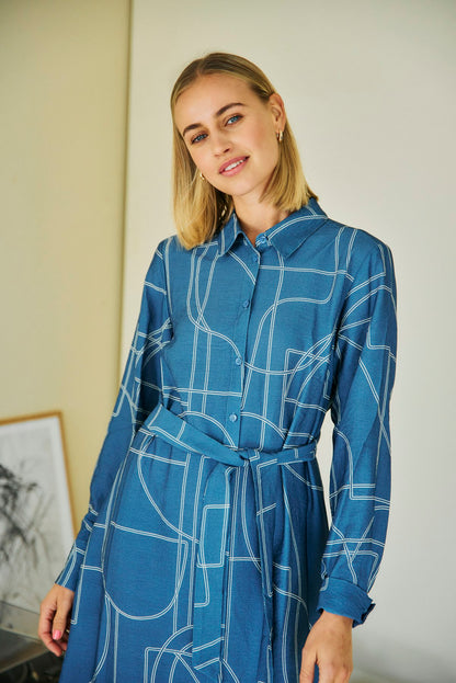 Γυναικείο σεμιζιέ φόρεμα με ζώνη -μπλε σιελ