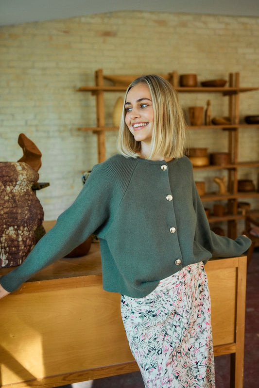 Γυναικεία πλεκτή ζακέτα- Λαδί