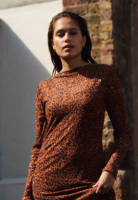 Γυναικείο κομψό φόρεμα Mesh Leopard Brown