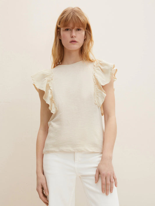 Γυναικείο Μπλουζάκι τοπ με βολάν Εκρού